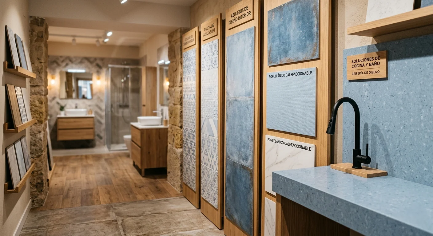 Fotografía interior de una exposición de azulejos y materiales para reformas en una tienda física profesional en España, con muestras de azulejos porcelánicos en panel vertical, una encimera de cuarzo expuesta horizontalmente, un grifo de cocina expuesto sobre soporte