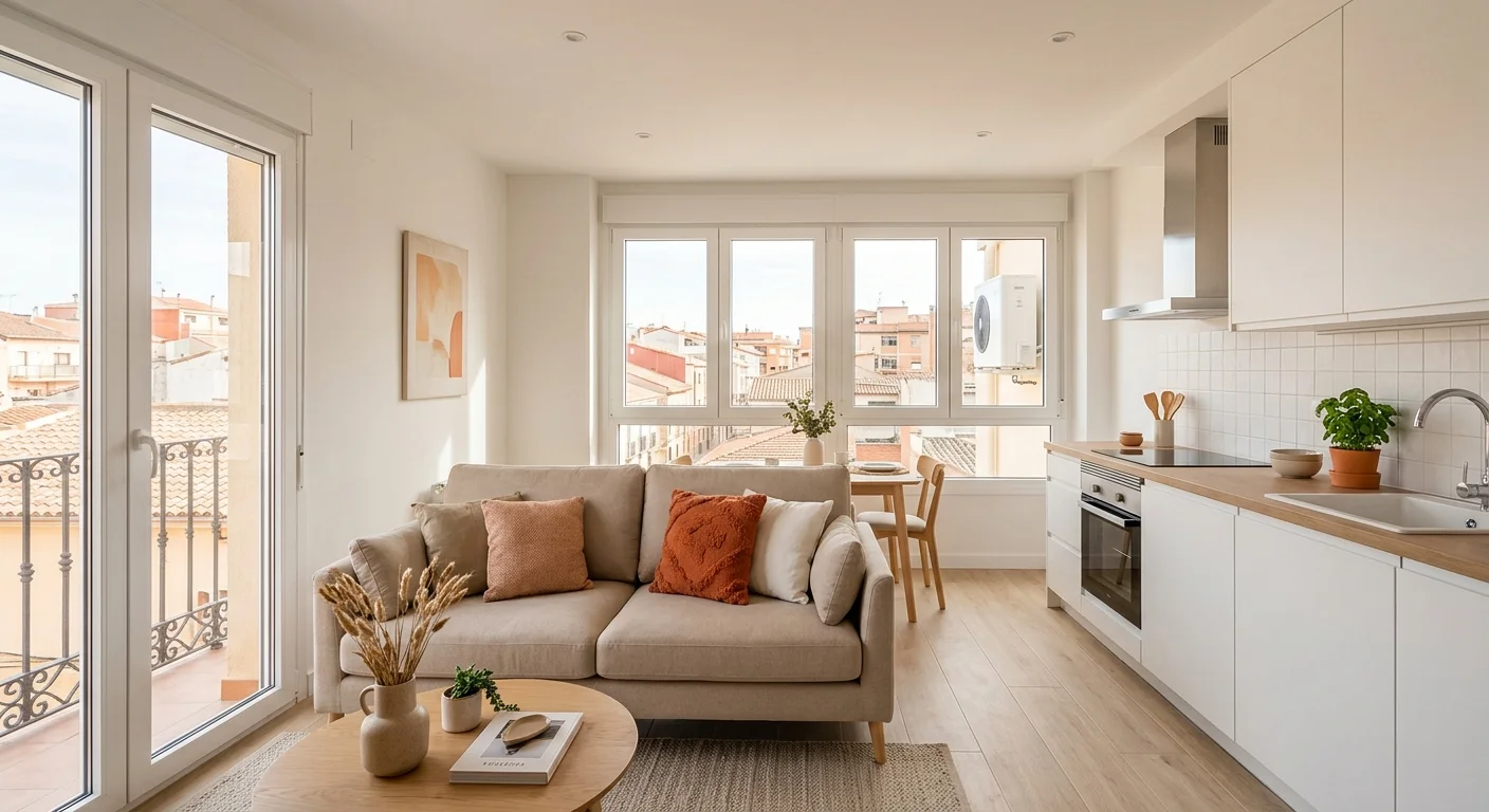 Fotografía interior de un salón-cocina luminoso de un piso reformado en una vivienda española contemporánea, con grandes ventanas de PVC blanco con doble acristalamiento, suelo porcelánico claro tipo madera