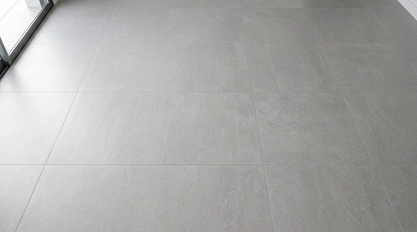 Detalle de suelo de gres porcelánico de gran formato rectificado en tono gris claro con junta mínima de 2 milímetros casi imperceptible, efecto continuo monolítico