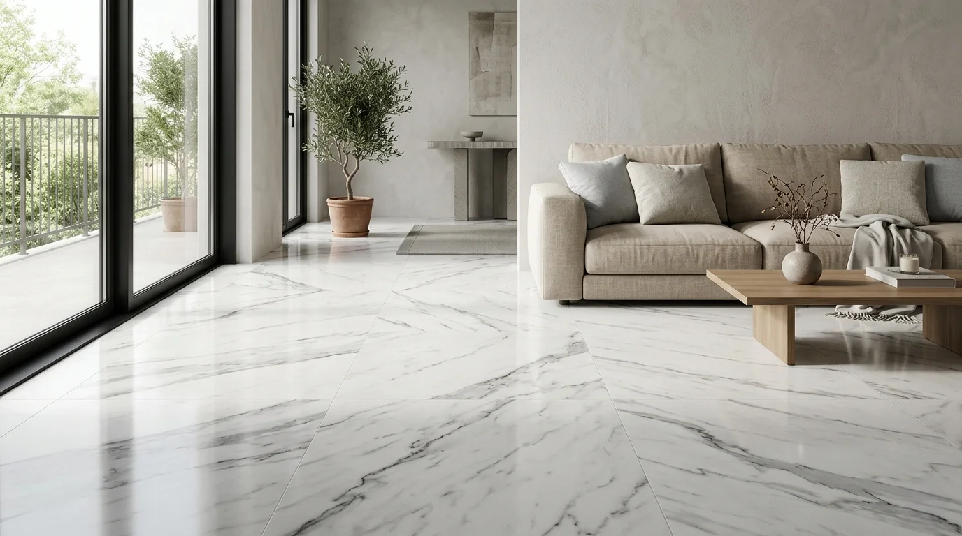 Salón con efecto satinado gres porcelánico imitación mármol