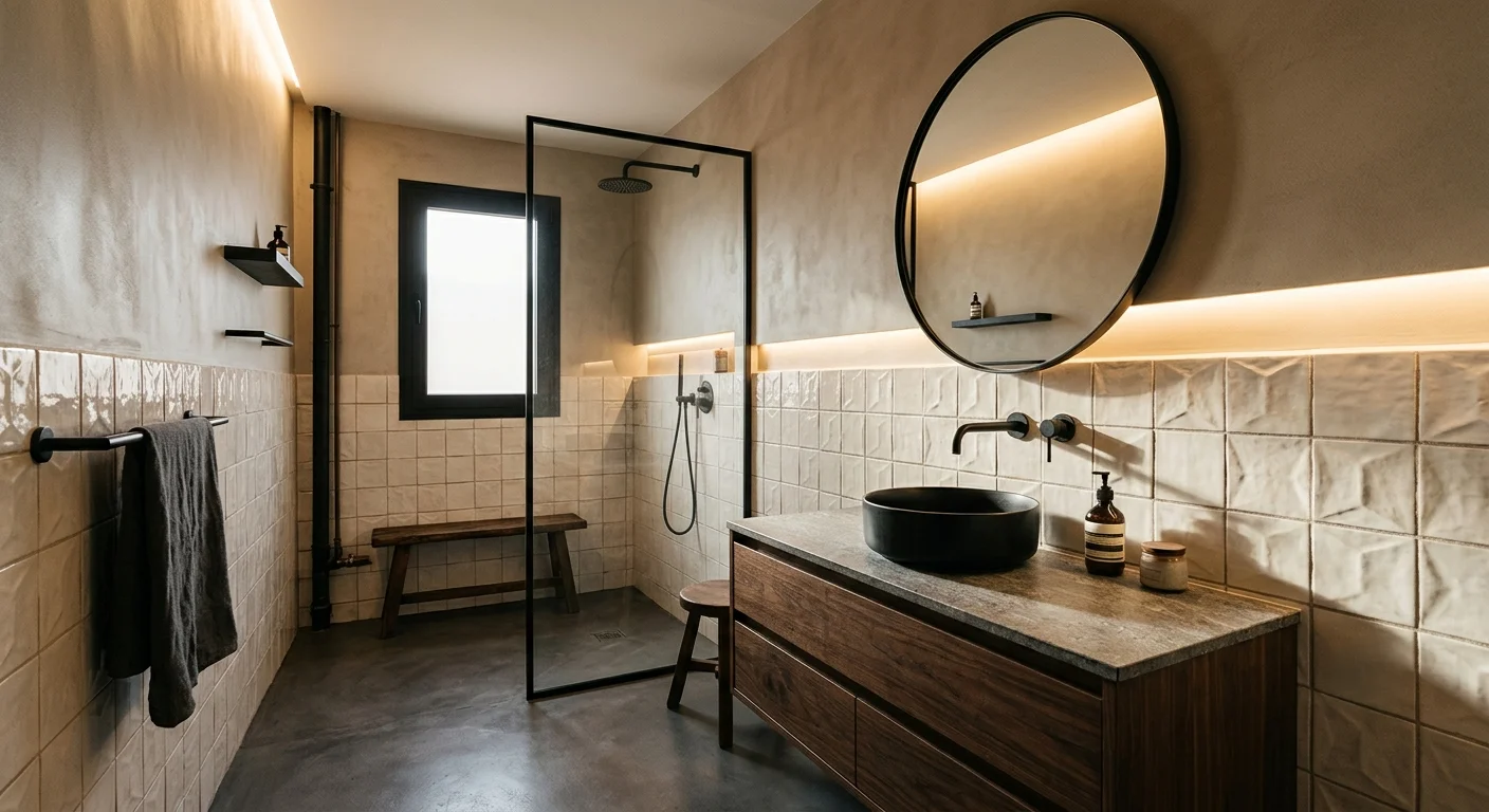 Baño de estilo industrial con alicatado a media altura de azulejo artesanal con relieve en la parte inferior y microcemento en acabado continuo mate tono gris arena