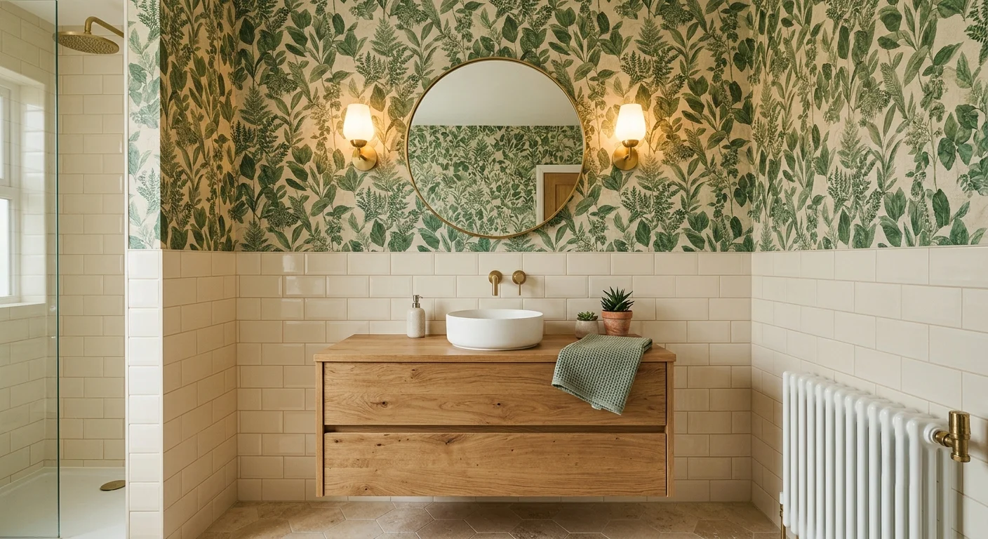 Baño con alicatado a media altura de azulejo claro en la parte inferior y papel pintado vinílico con estampado botánico de hojas en tonos verdes