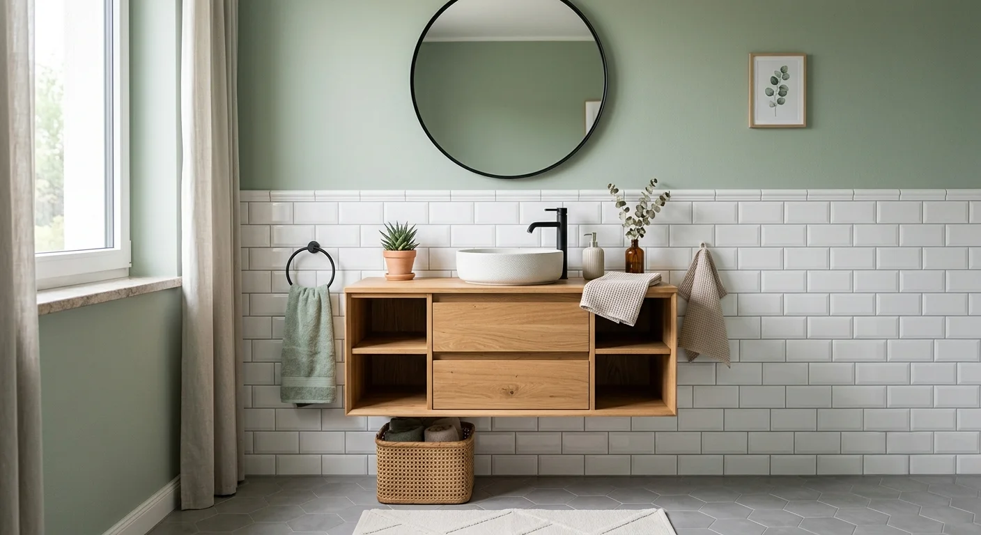 Baño con alicatado a media altura de azulejo blanco tipo metro en la parte inferior y la mitad superior de la pared pintada con pintura lisa lavable en tono verde salvia suave