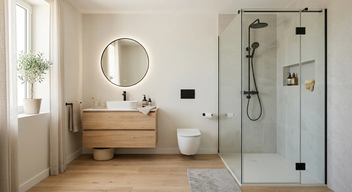 Baño con suelo de porcelánico imitación madera tono roble claro y mampara de cristal