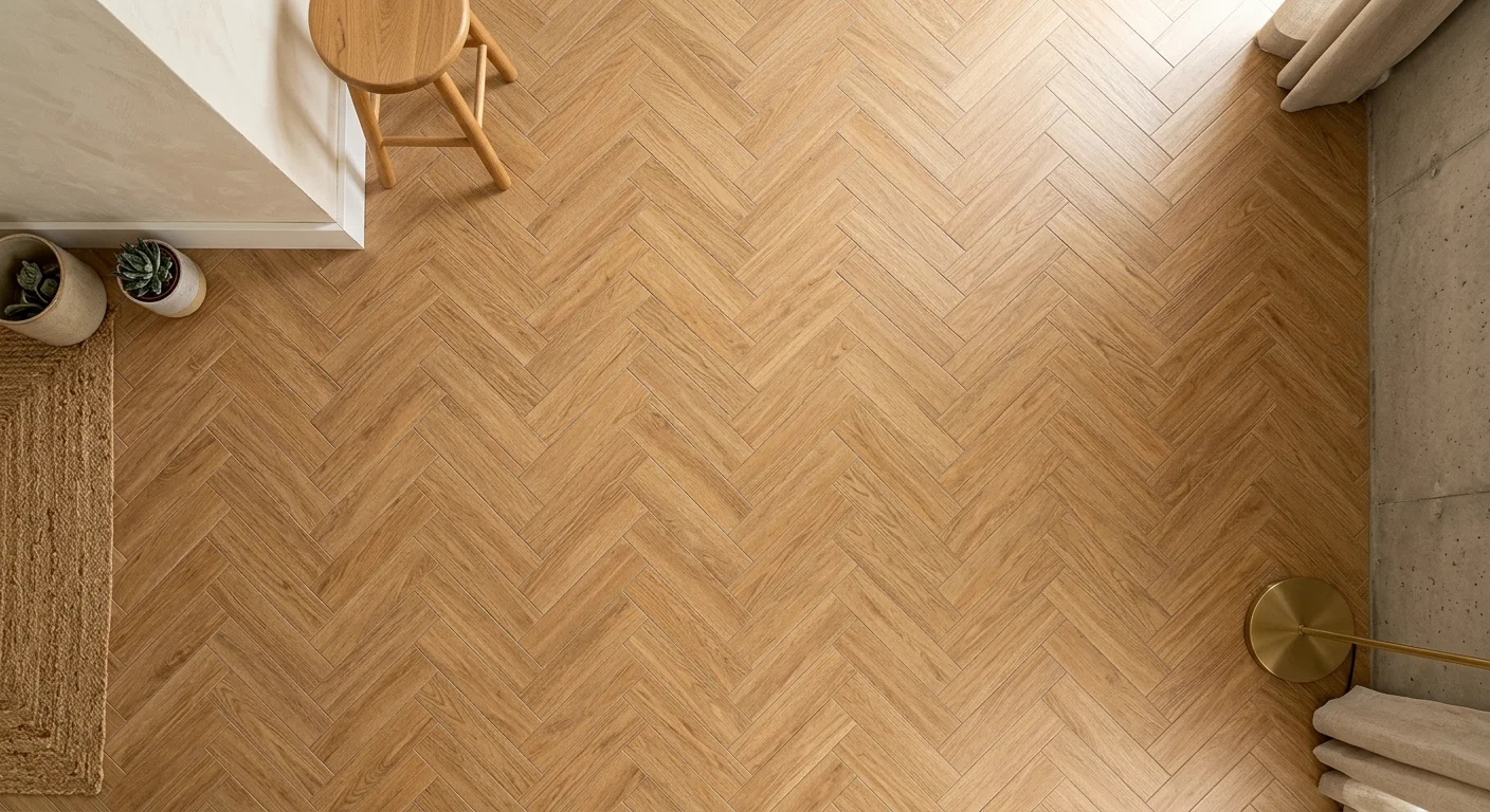 Suelo de porcelánico imitación madera colocado en espiga formando patrón de zigzag
