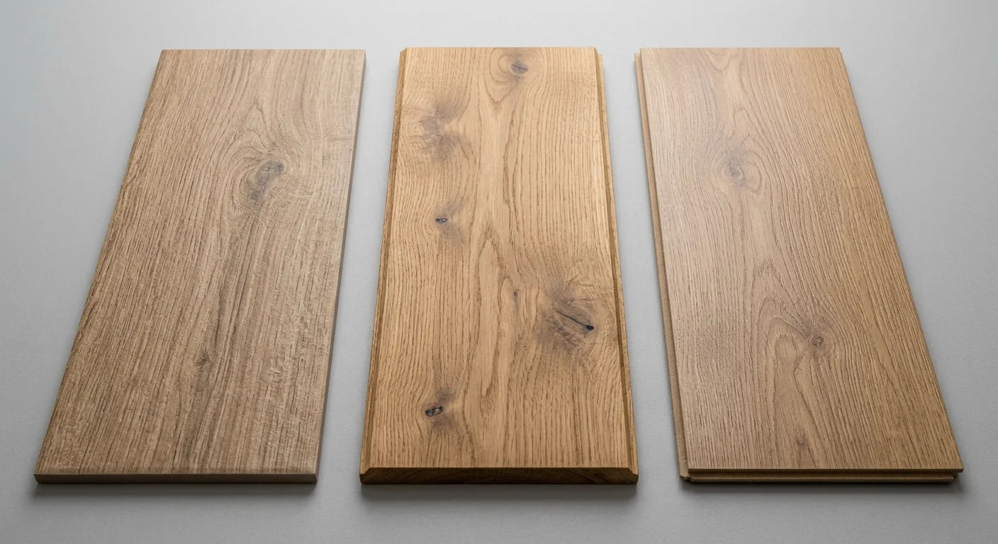 Comparativa de tres muestras de suelo: porcelánico imitación madera, madera natural y laminado