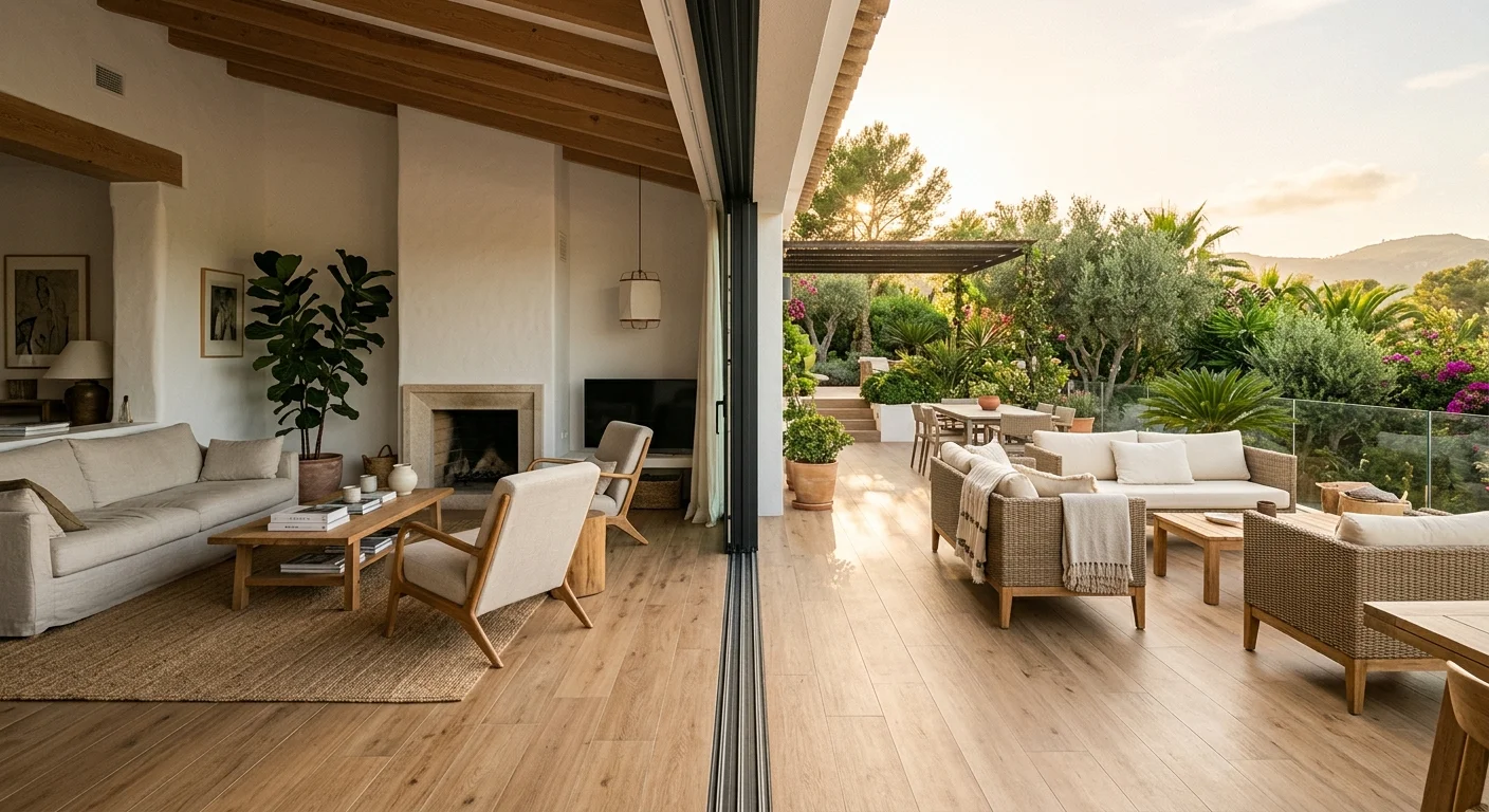 Suelo de porcelánico imitación madera continuando del salón a la terraza sin cambio de material