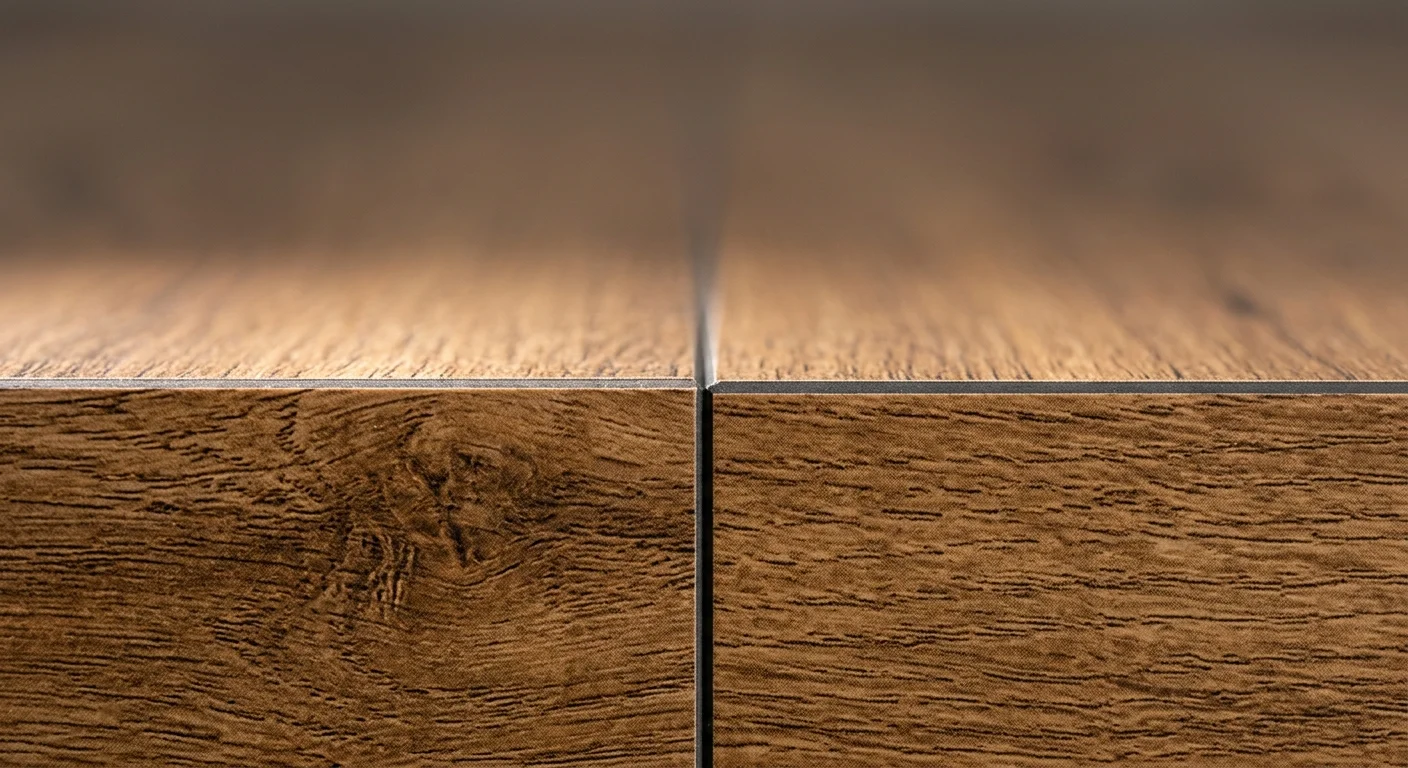 Detalle de la junta de 1 mm entre dos lamas de porcelánico imitación madera rectificado