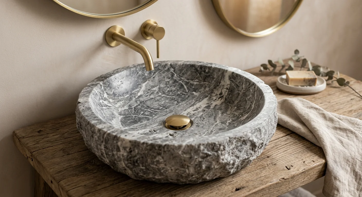 Lavabo de baño de piedra natural, tallado en mármol o piedra con su veteado gris único