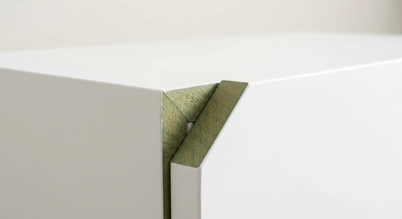 Primer plano de un mueble de baño fabricado en MDF hidrófugo lacado en blanco mate, con un canto cortado a la vista que deja ver el interior del tablero de fibras de densidad media de tono verdoso característico del tratamiento hidrófugo, superficie lisa y uniforme