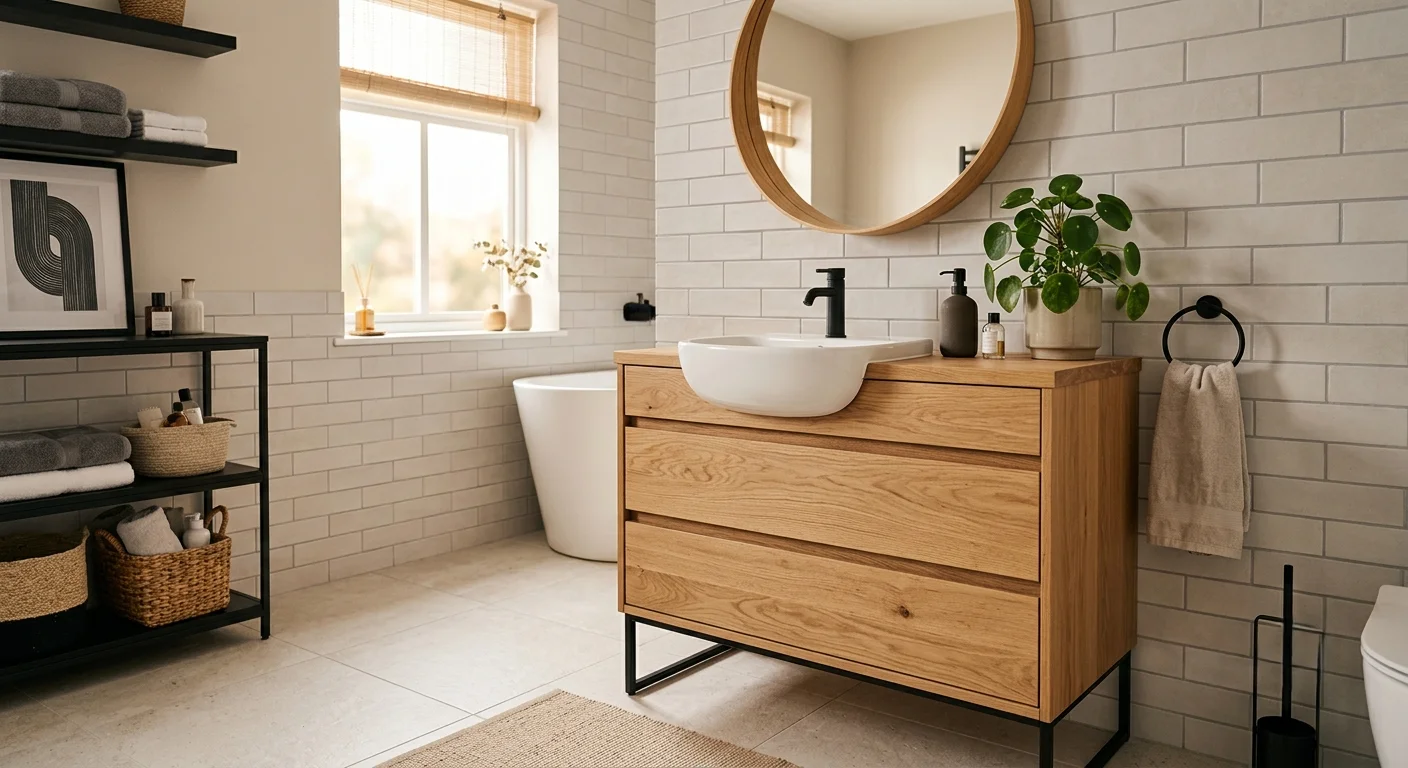 Baño de estilo nórdico con un mueble de baño de madera natural apoyado sobre patas metálicas negras
