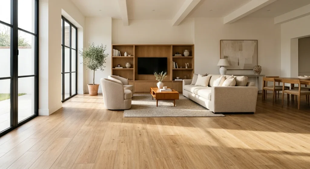 Salón con suelo de porcelánico imitación madera en lamas largas tono roble colocadas a matajunta