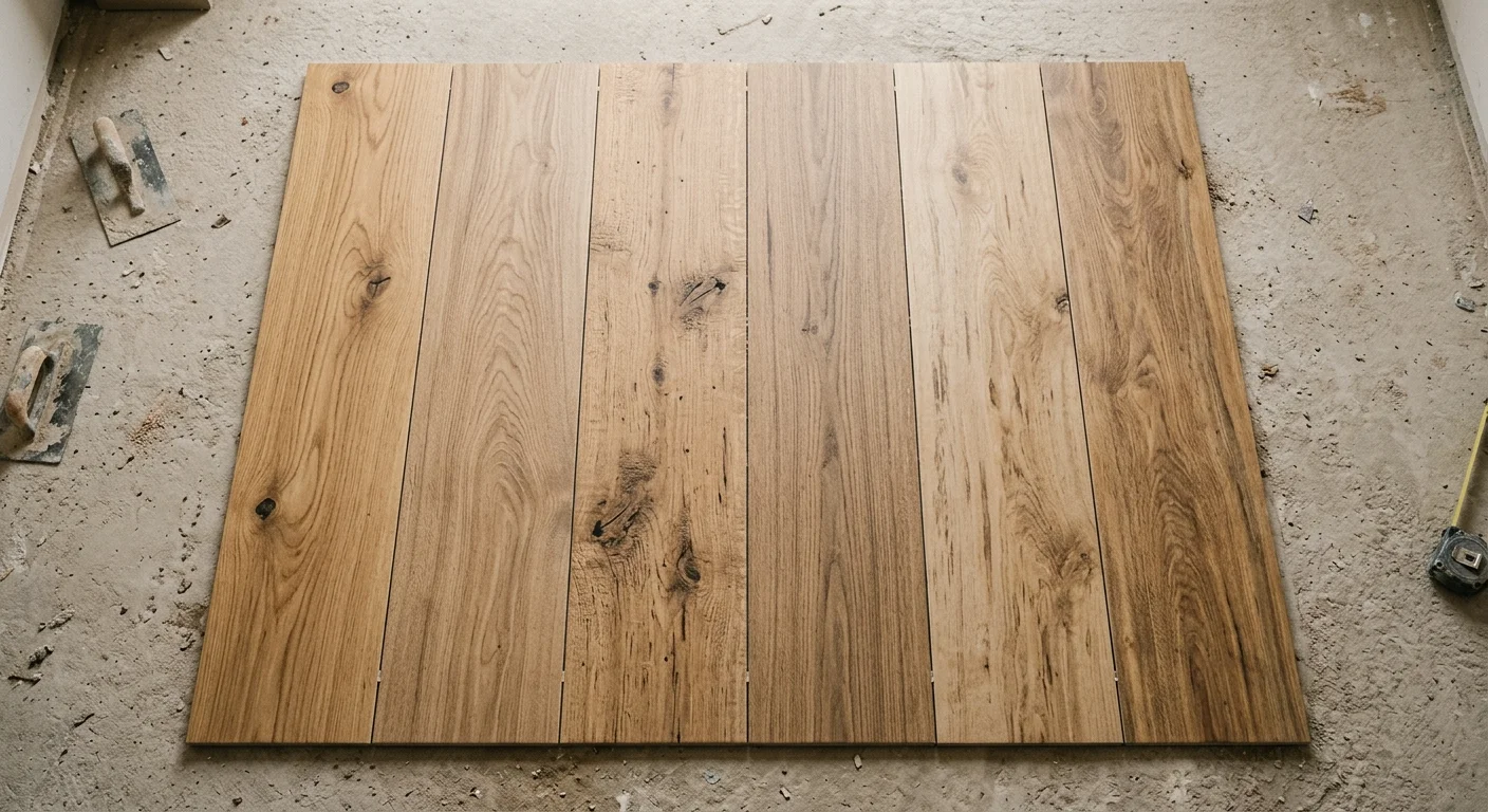Seis lamas de porcelánico imitación madera con veta y nudos diferentes en cada pieza